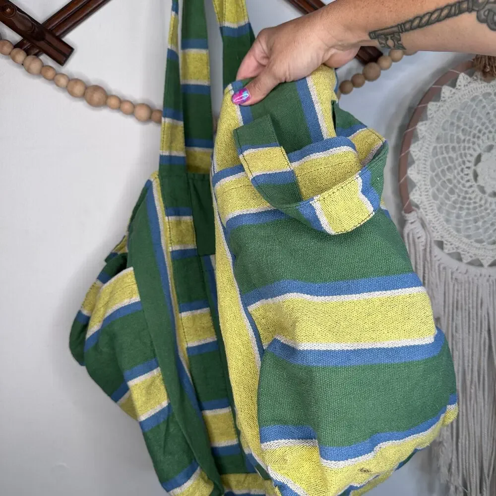 Free People Oksana Oversized Green Yellow Blue Stripe Tote Bag